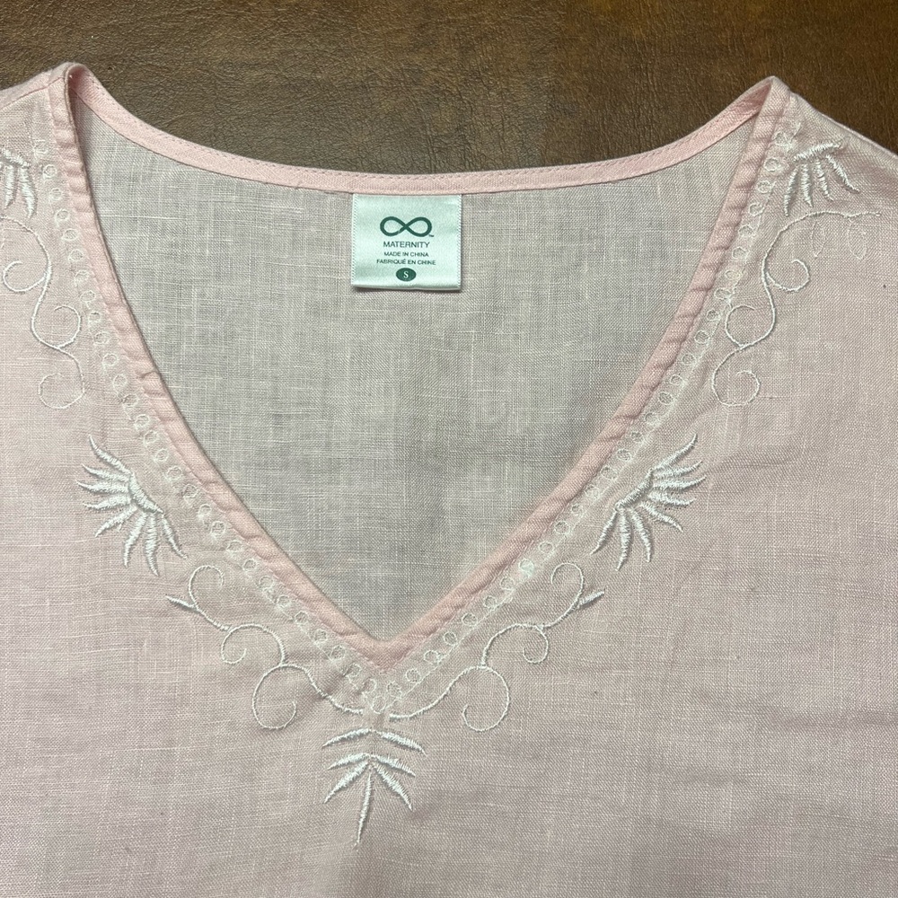 Light Pink Linen Embroidered Long-Sleeved Maternity Top by Maternity Size S